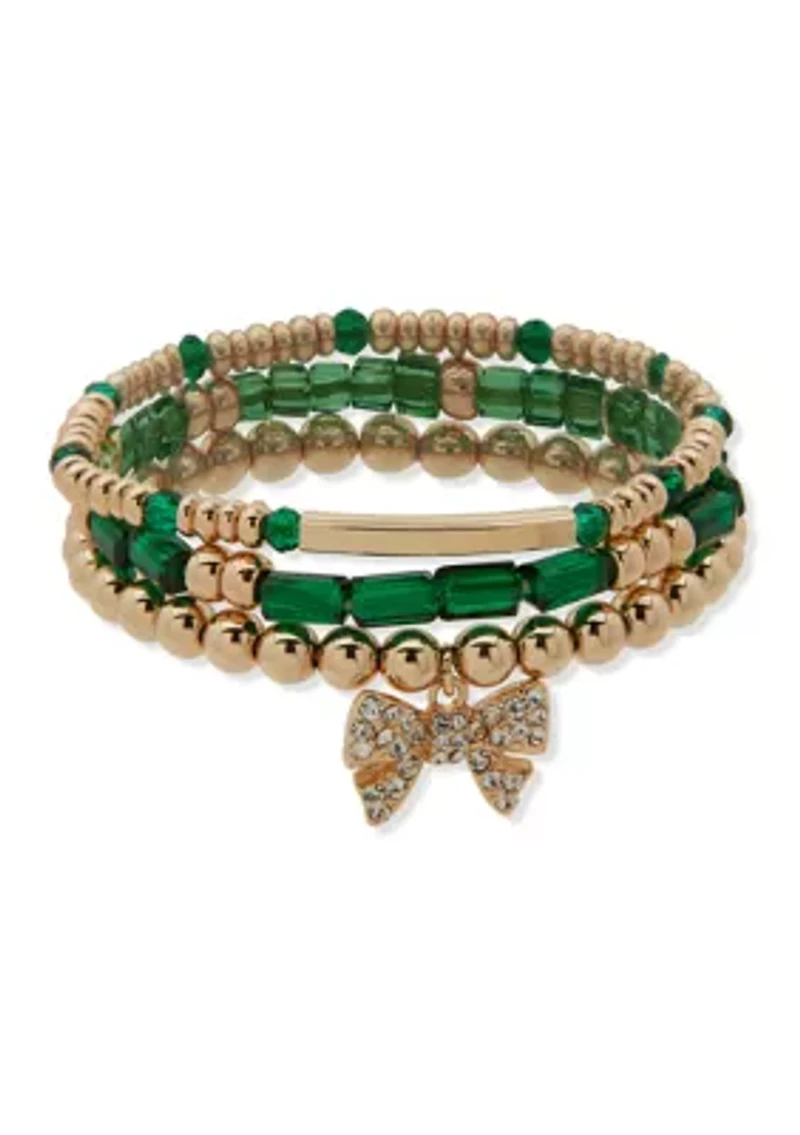 Tri Tone Green Bow Charm Stretch Bracelet