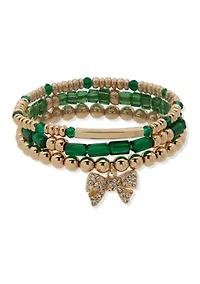Tri Tone Green Bow Charm Stretch Bracelet