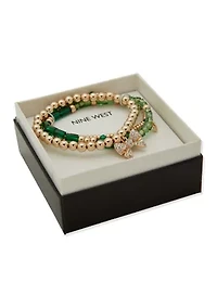 Tri Tone Green Bow Charm Stretch Bracelet