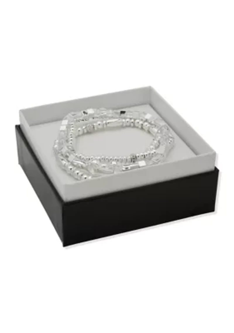 Silver Tone Crystal Beaded Stretch Bracelet Set