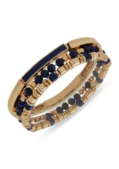 Blue Beaded Gold Tone Stretch Bracelet Set