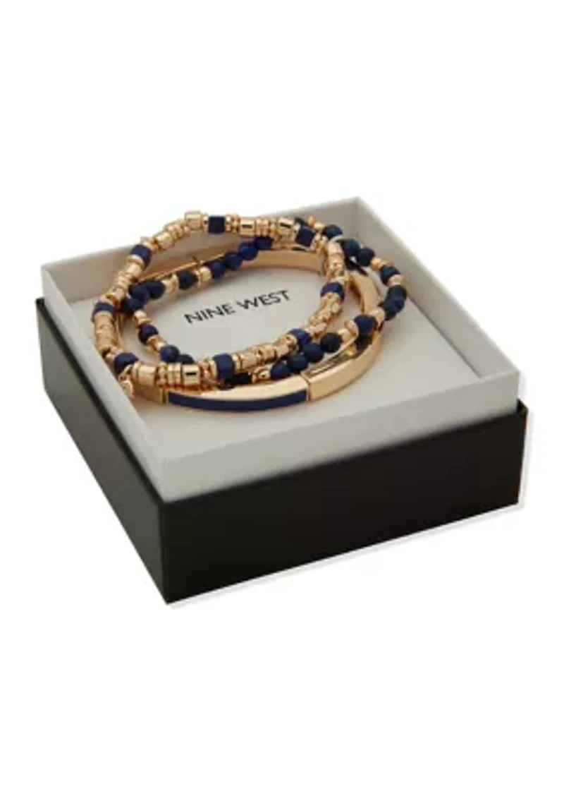 Blue Beaded Gold Tone Stretch Bracelet Set