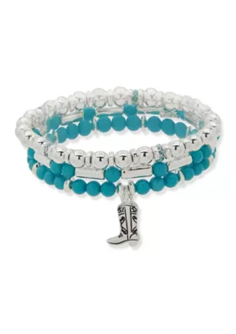 Cowboy Boot Charm Blue Beaded Bracelet Set
