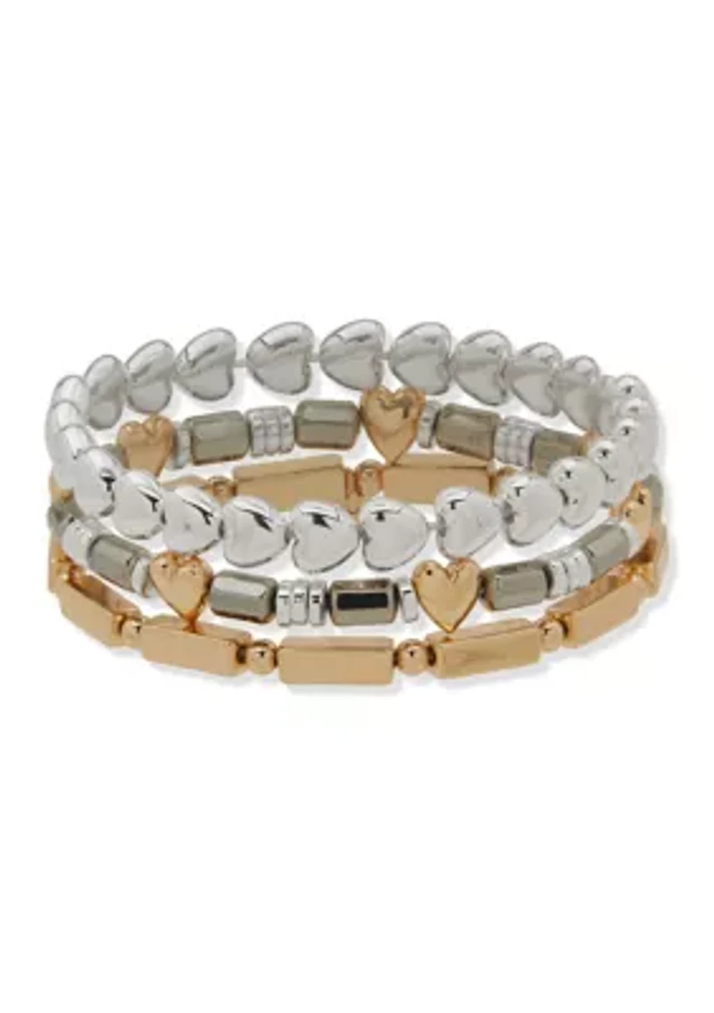 Trie-Tone Metal Heart Bracelet Set