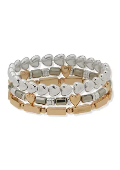 Trie-Tone Metal Heart Bracelet Set