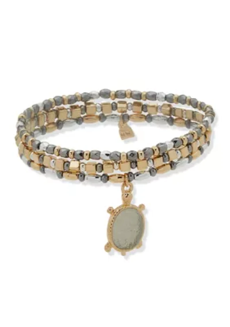 Tri Tone Beaded Turtle Charm Bracelet Set
