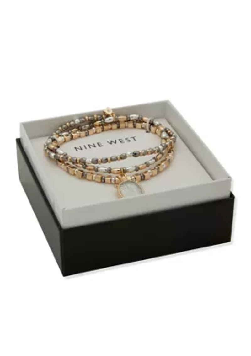 Tri Tone Beaded Turtle Charm Bracelet Set