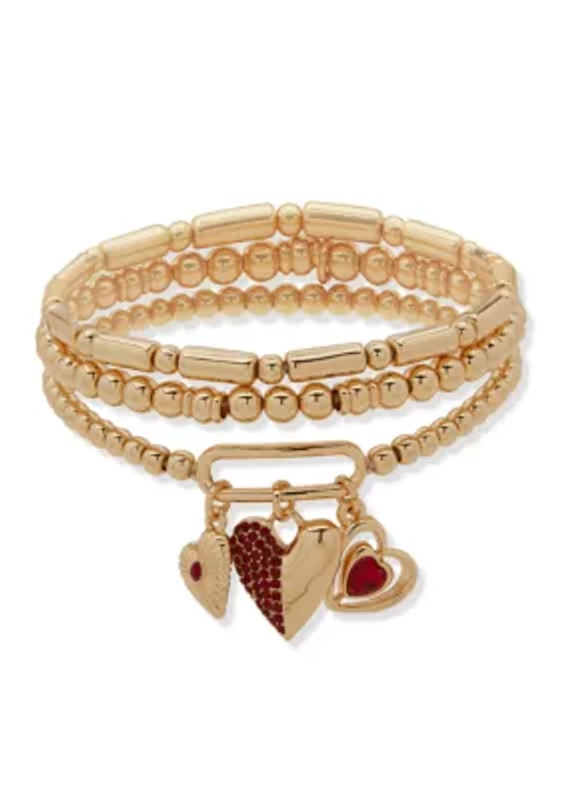 Gold Tone Siam Heart Stretch Bracelet Set