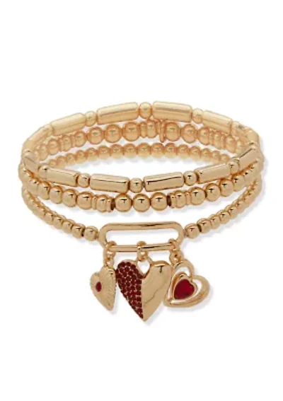 Gold Tone Siam Heart Stretch Bracelet Set