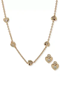 Crystal Heart Station Necklace Stud Earring Set
