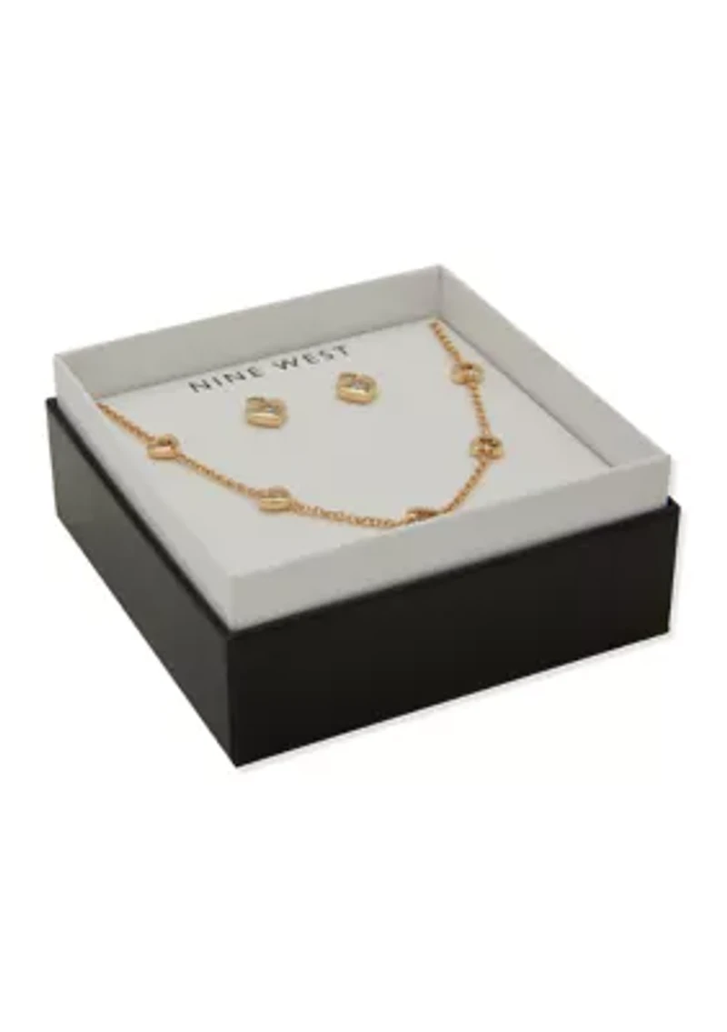 Crystal Heart Station Necklace Stud Earring Set