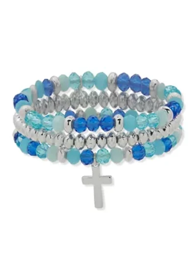 Blue Beaded Multi Row Silver Cross Pendant Stretch Bracelet