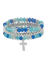 Blue Beaded Multi Row Silver Cross Pendant Stretch Bracelet