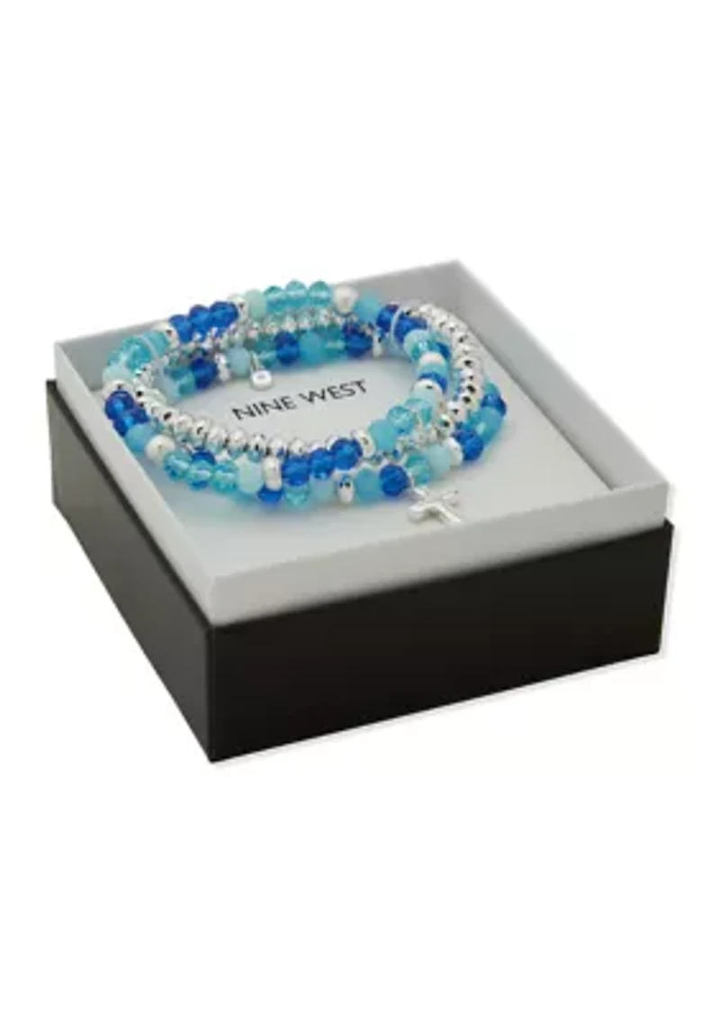 Blue Beaded Multi Row Silver Cross Pendant Stretch Bracelet