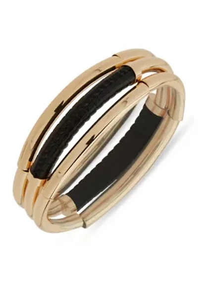 Black Textured Gold Tone Bangle Stretch Bracelet Set