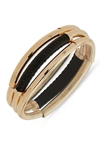 Black Textured Gold Tone Bangle Stretch Bracelet Set