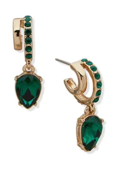 Gold Tone Green Stone Hoop Earrings