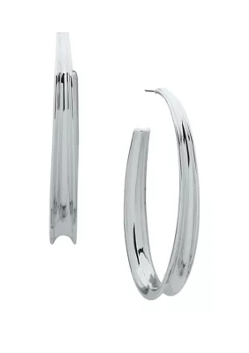 Silver Tone 68 Millimeter Convex Oval Hoop Earrings