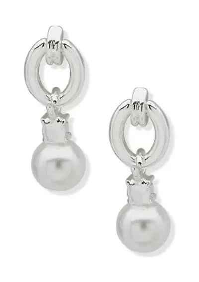Silver Tone Pearl Crystal Link Drop Post Earrings