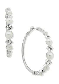 Silver Tone Pearl Crystal 59 Millimeter Click Top Hoop Earrings