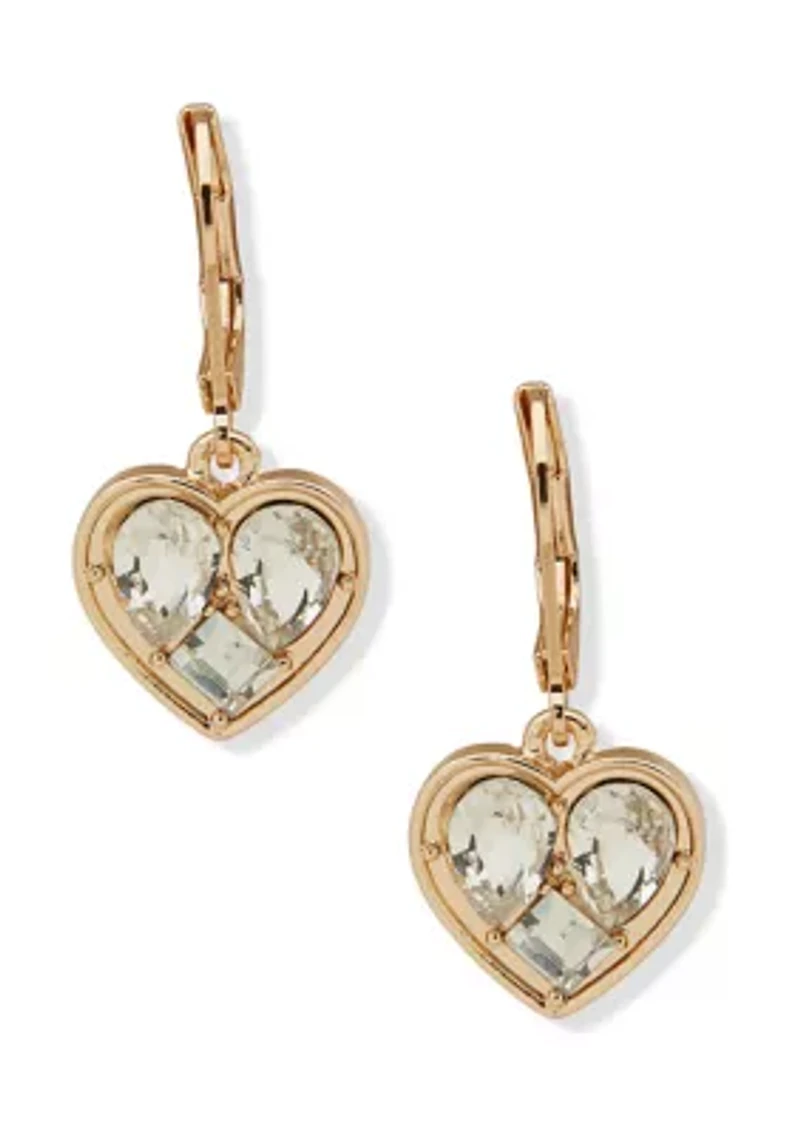 Gold Tone Crystal Heart Drop Earrings