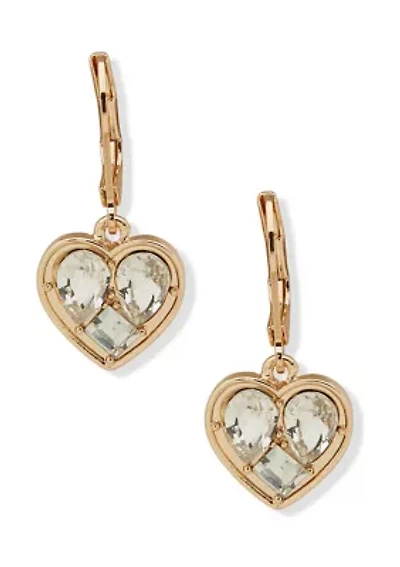 Gold Tone Crystal Heart Drop Earrings