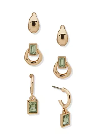 Gold Tone Green Organic Trio Earrings Set
