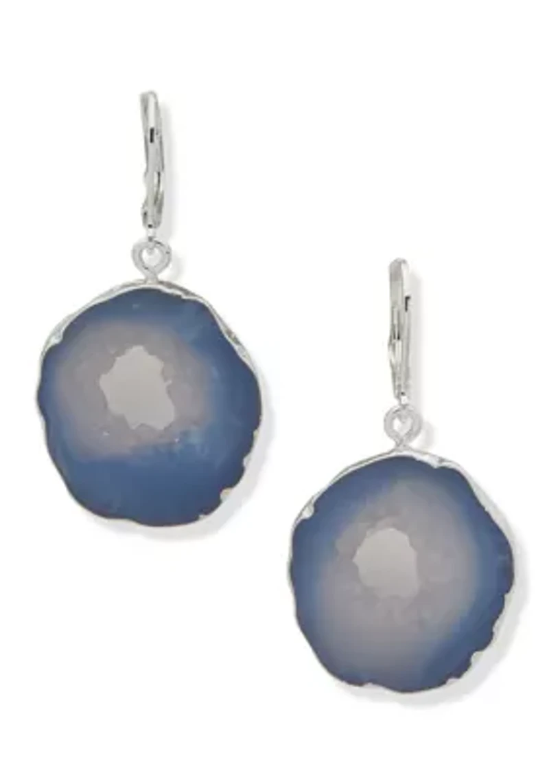 Silver Tone Blue Slab Drop Lever Back Earrings