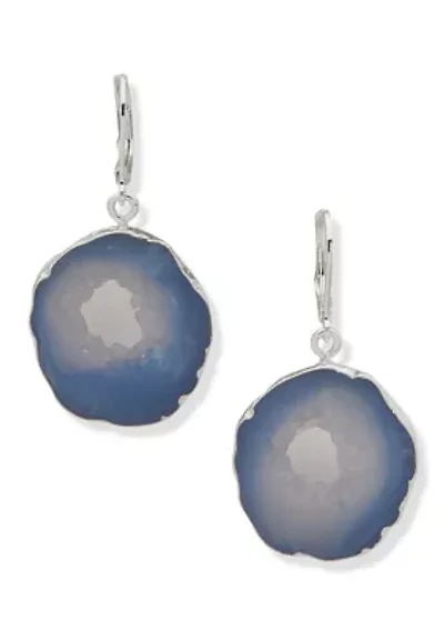 Silver Tone Blue Slab Drop Lever Back Earrings