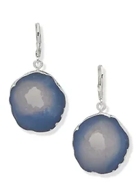 Silver Tone Blue Slab Drop Lever Back Earrings