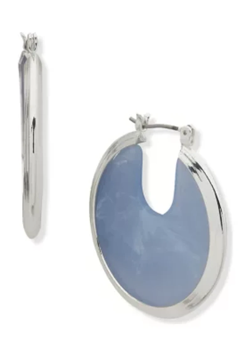 Silver Tone Blue Stone 36 Millimeter Click Top Hoop Earrings