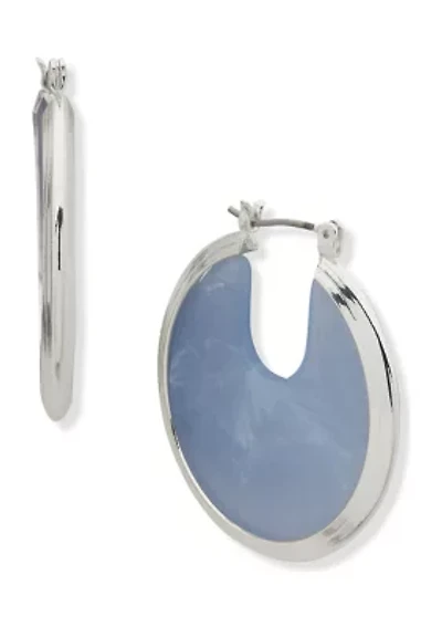 Silver Tone Blue Stone 36 Millimeter Click Top Hoop Earrings