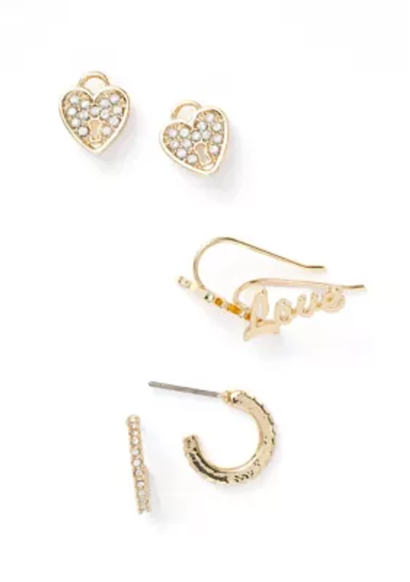 Gold Tone Charm Trio Earrings Set