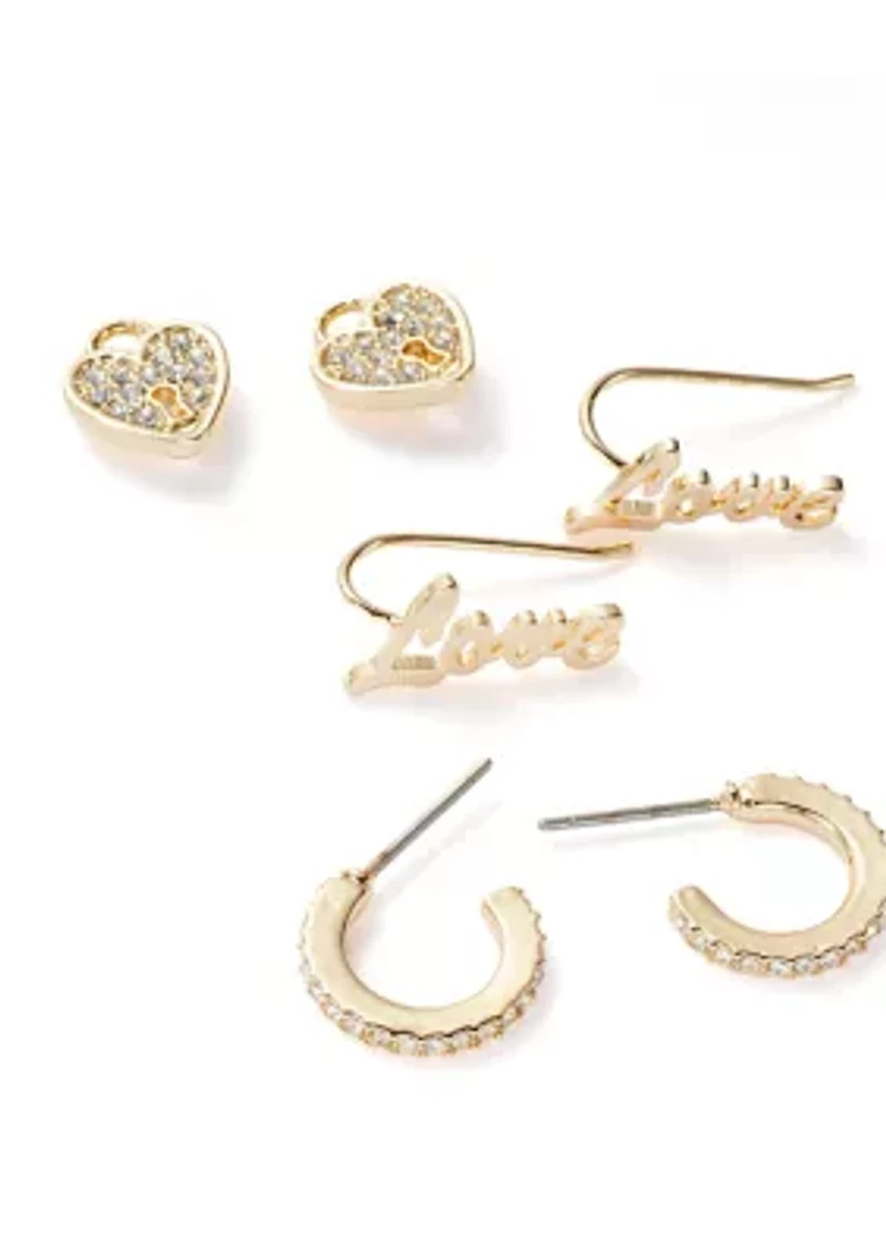 Gold Tone Charm Trio Earrings Set