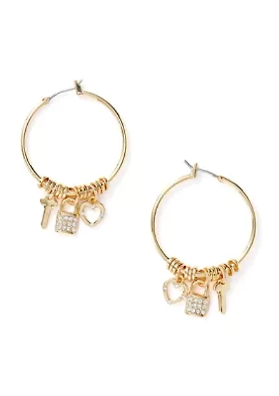 Gold Tone Charm Hoop Earrings