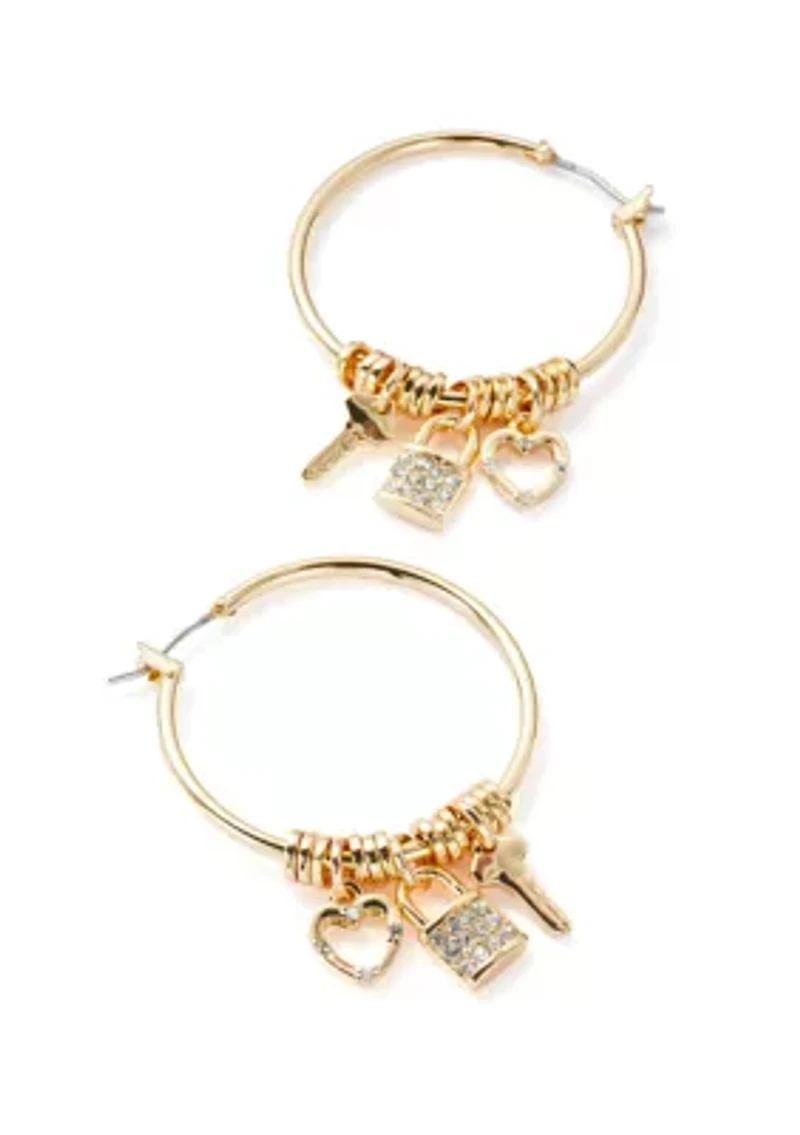 Gold Tone Charm Hoop Earrings