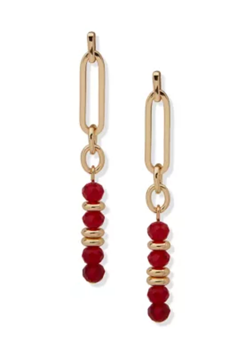 Gold Tone Red Beaded Linear Earrings