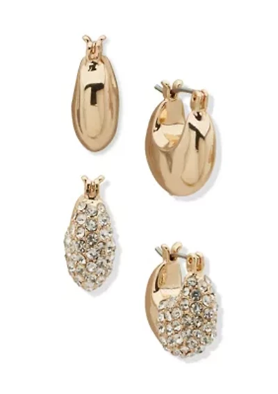 Gold Tone Crystal Puffy Hoop Earrings Set