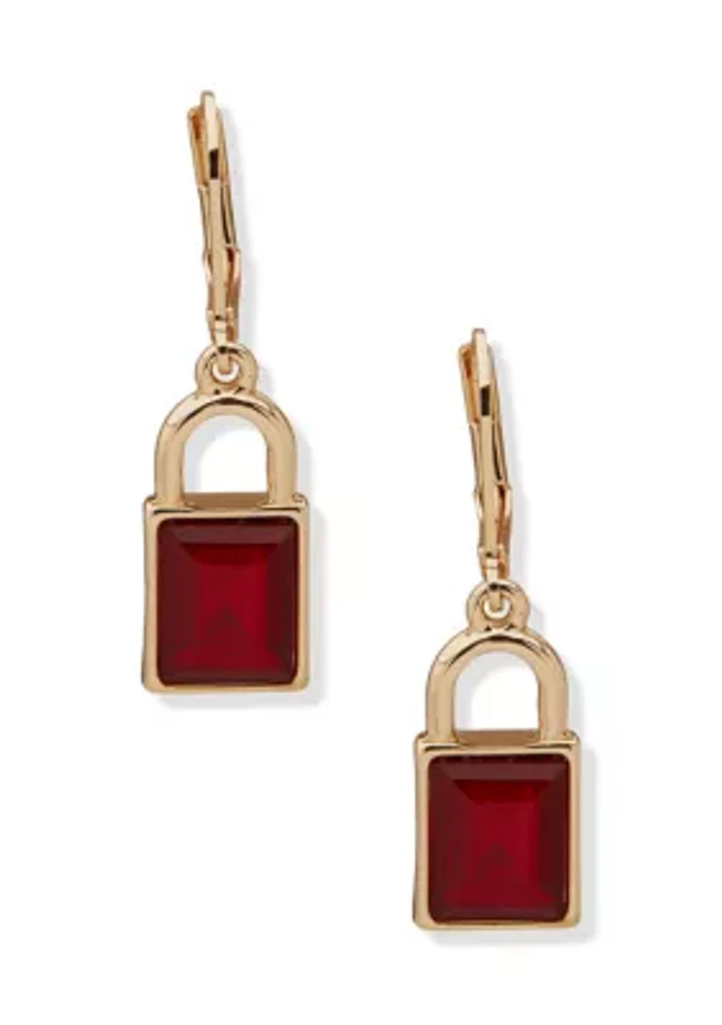 Gold-Tone Red Square Drop Earrings