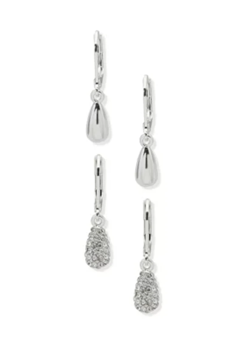 Silver Tone Crystal Teardrop Lever Back Earrings Set