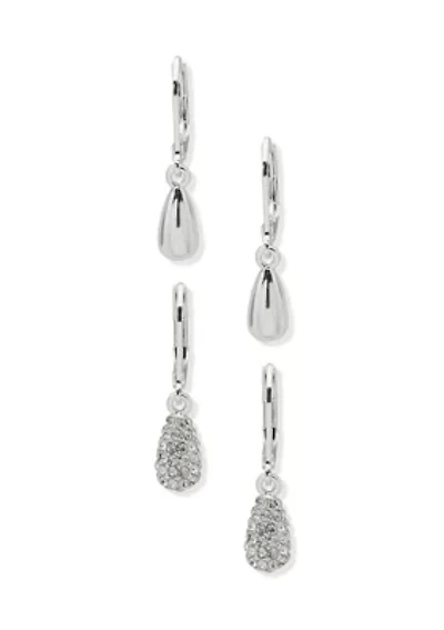 Silver Tone Crystal Teardrop Lever Back Earrings Set