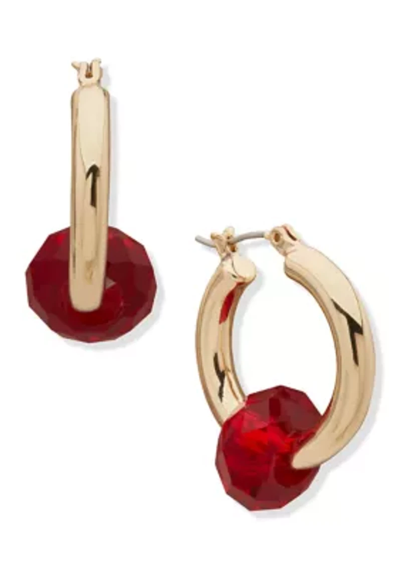  Red Beaded Gold Tone Hoop Earrings