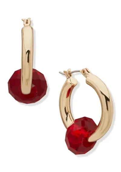  Red Beaded Gold Tone Hoop Earrings