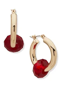 Red Beaded Gold Tone Hoop Earrings