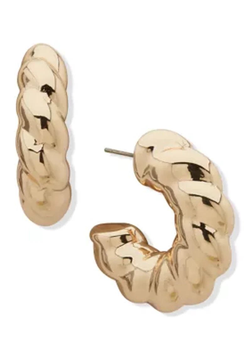  Puffy Gold Tone Twist C Hoop Earrings