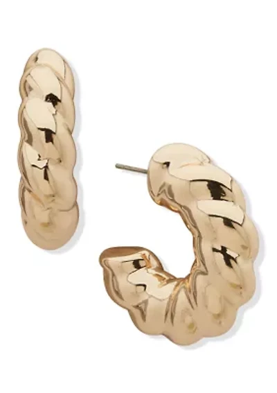  Puffy Gold Tone Twist C Hoop Earrings