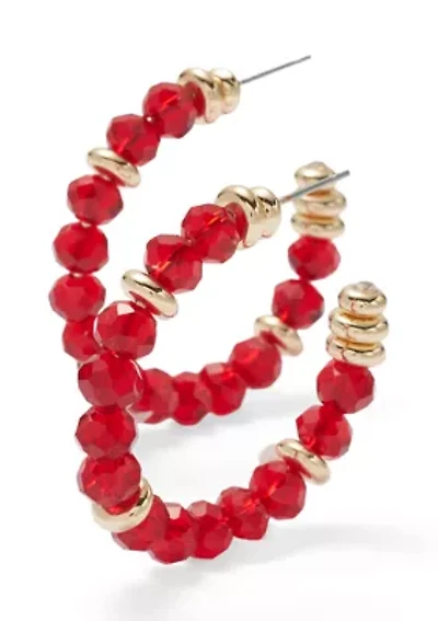 Red Beaded Gold Hoop Earrings