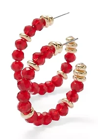 Red Beaded Gold Hoop Earrings