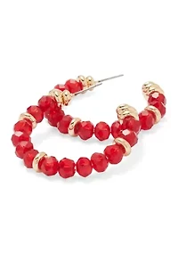 Red Beaded Gold Hoop Earrings