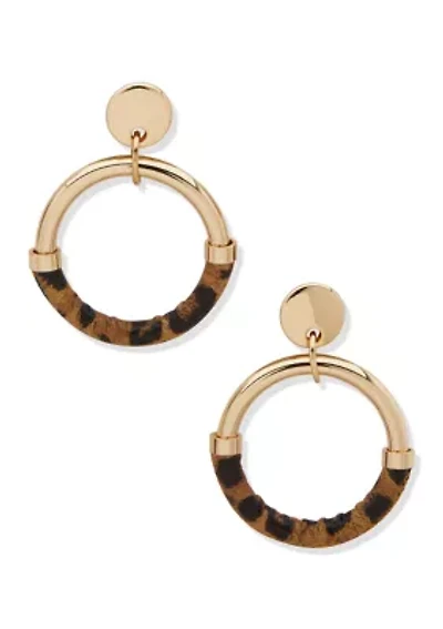 Gold Tone Brown Leopard Doorknocker Earrings